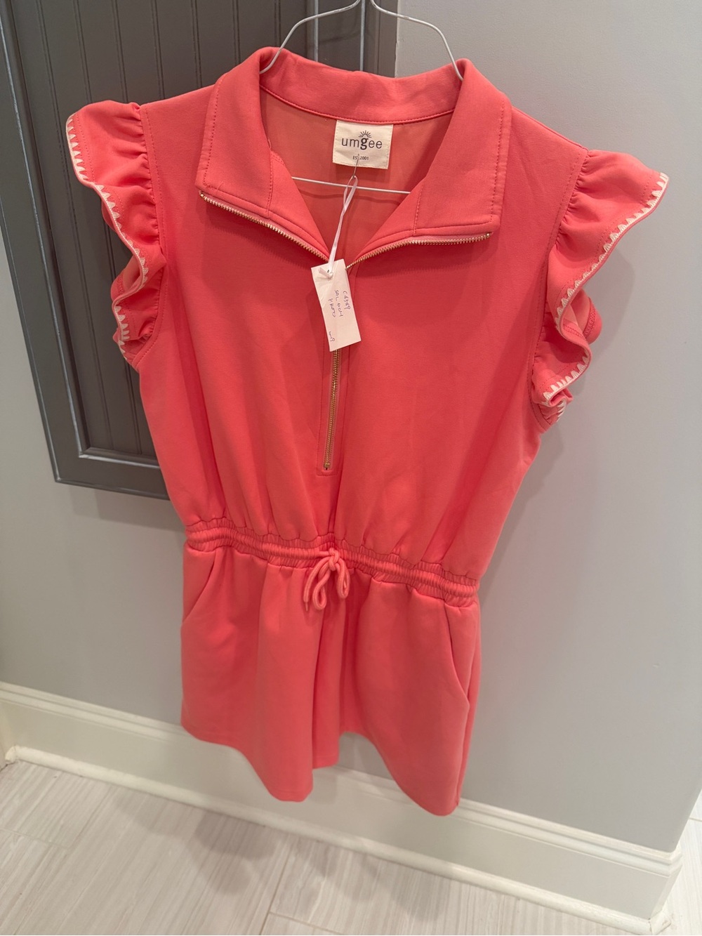 Umgee Coral Pink Ruffle-Sleeve Drawstring Romper
